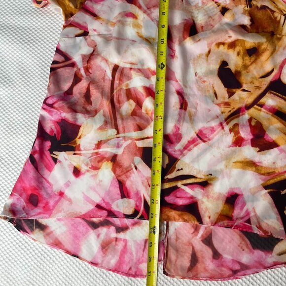 Jennifer Lopez Pink Brown Yellow Floral Short Sleeve Split Back Womens Top M - Picture 11 of 15